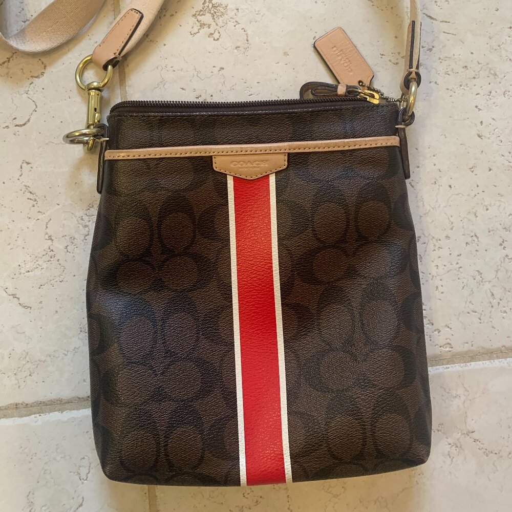 Coach Signature Stripe Swingpack Brown handbag / Vermillion # F51265